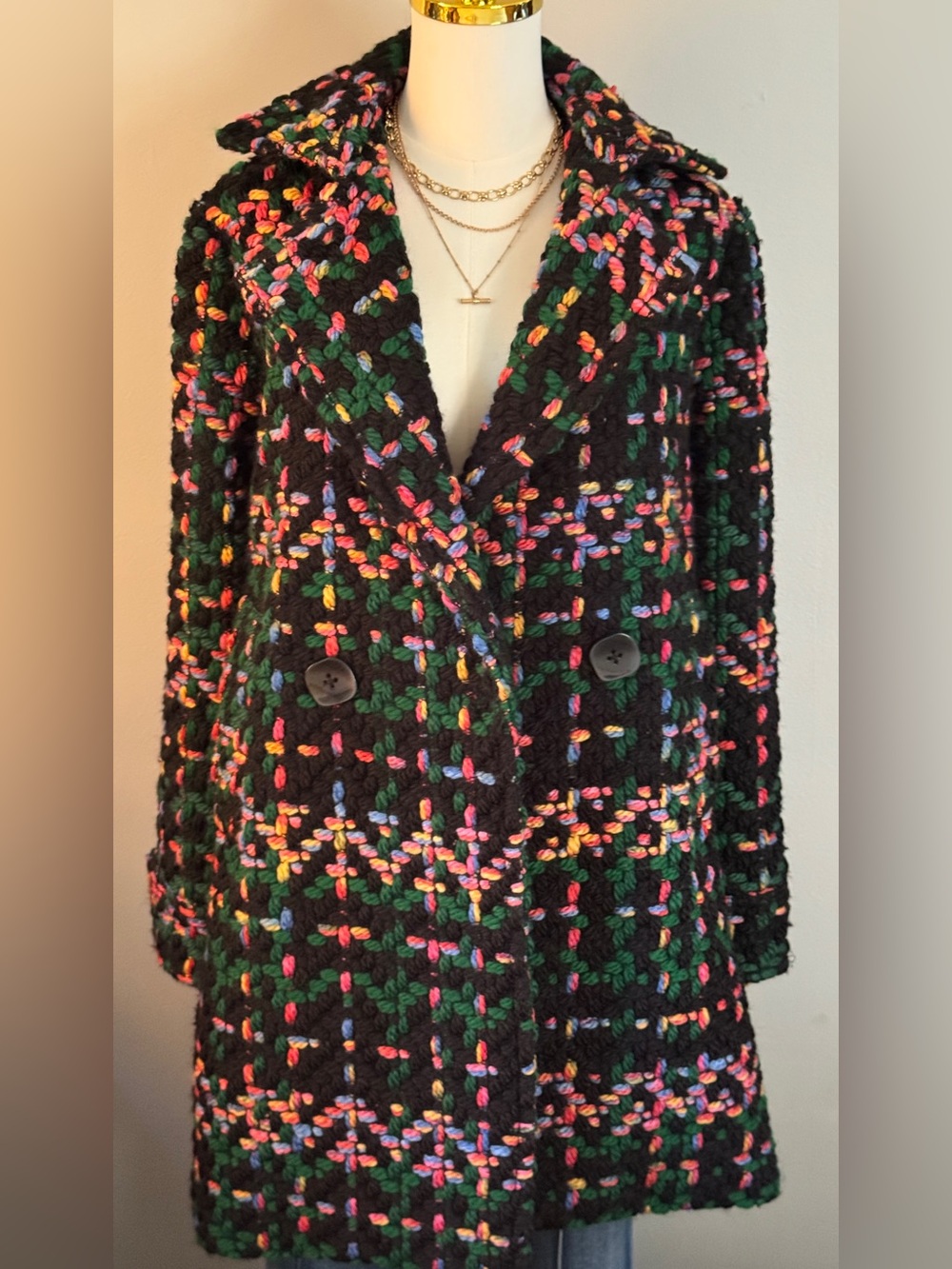 Black Multicolor Bouclé Double-Breasted Coat